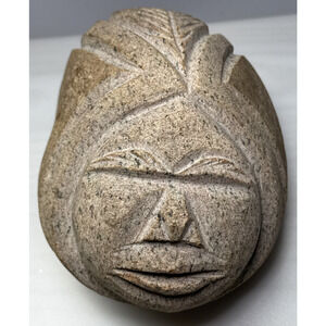 Vintage Native American Carved Stone Rock Indian Head Chief Signed Symbols